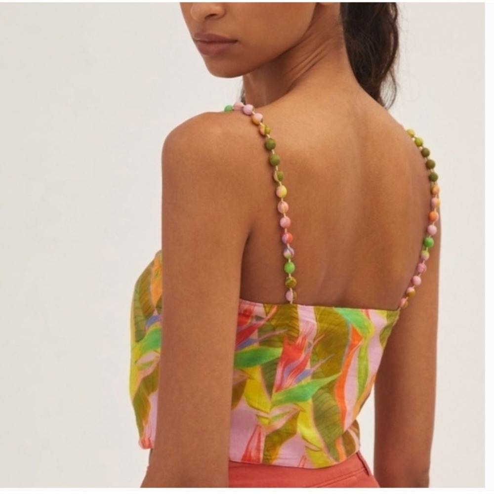 Farm Rio for Anthropologie Tropical Beaded Strap Bustier Crop Top Pink Green | M - Picture 2 of 10